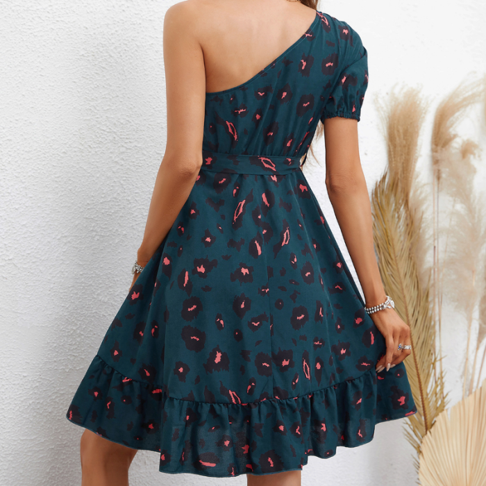 Elegant Diagonal Shoulder Short Puff Sleeve Ruffle A-line Mini Dress