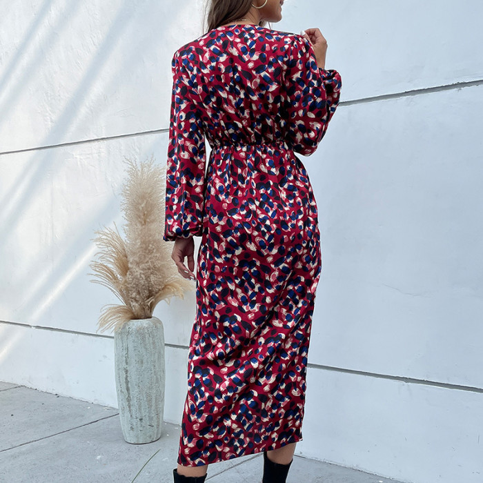 Fashion Print Polka Dot V-Neck lantern sleeve Midi A-Line Dress