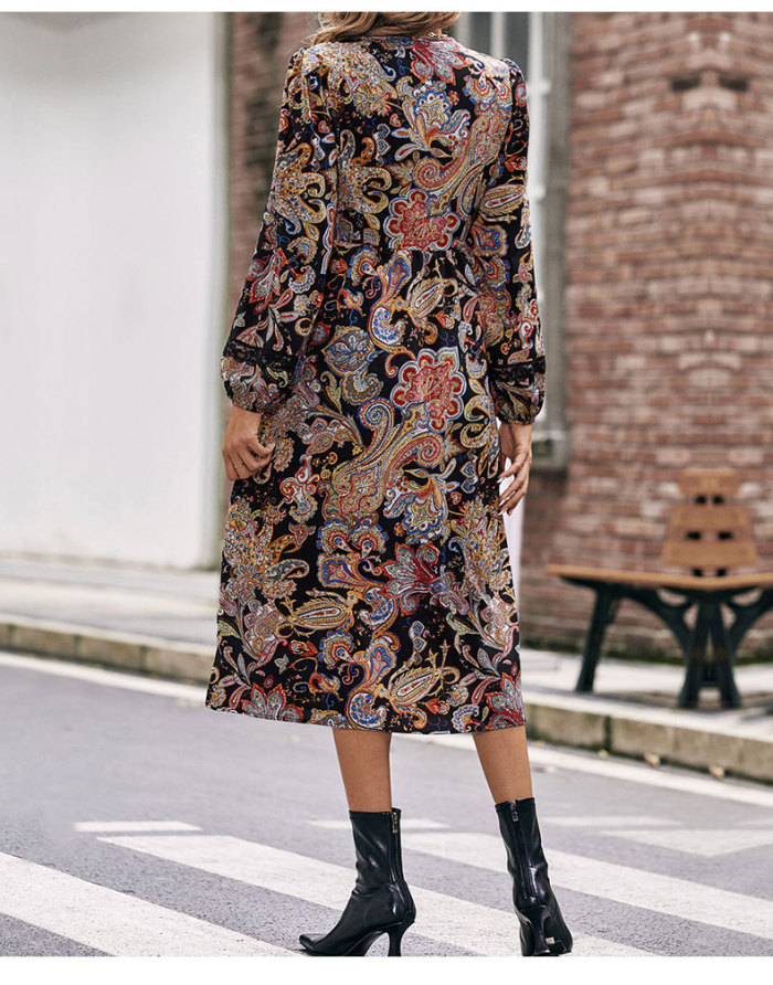Women's Lace V Neck Long Sleeve Printed Slim  Midi Dress