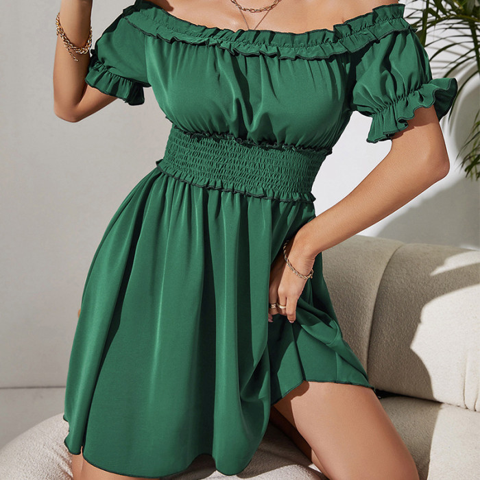 Summer Elegant Slant Neck Solid Color Puff Sleeve Waist Mini Dress