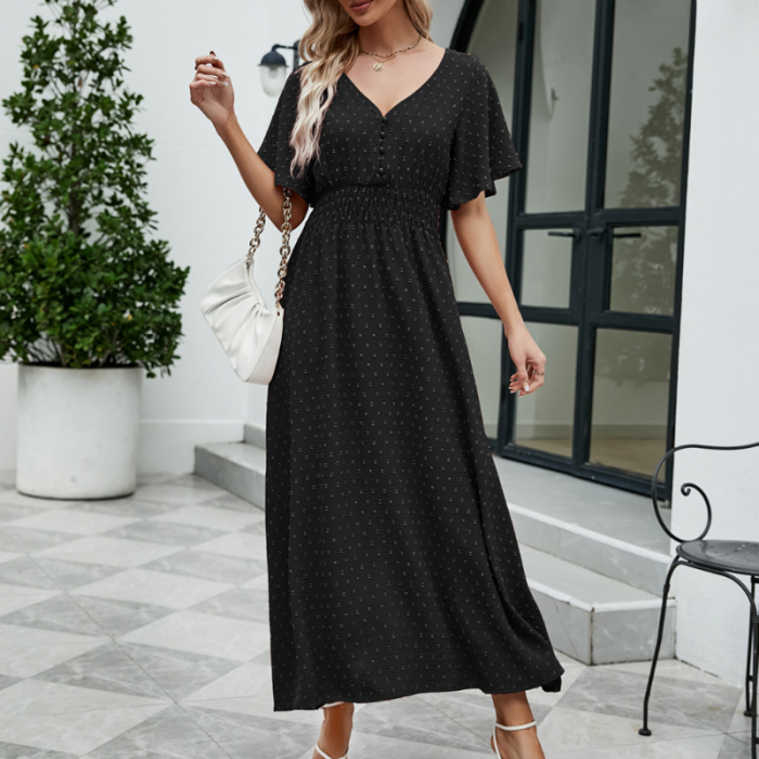 Elegant V-Neck Short Flare Sleeves Elastic High Waist Maxi Dress