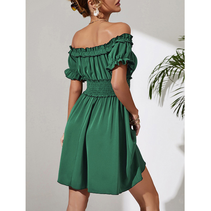 Summer Elegant Slant Neck Solid Color Puff Sleeve Waist Mini Dress