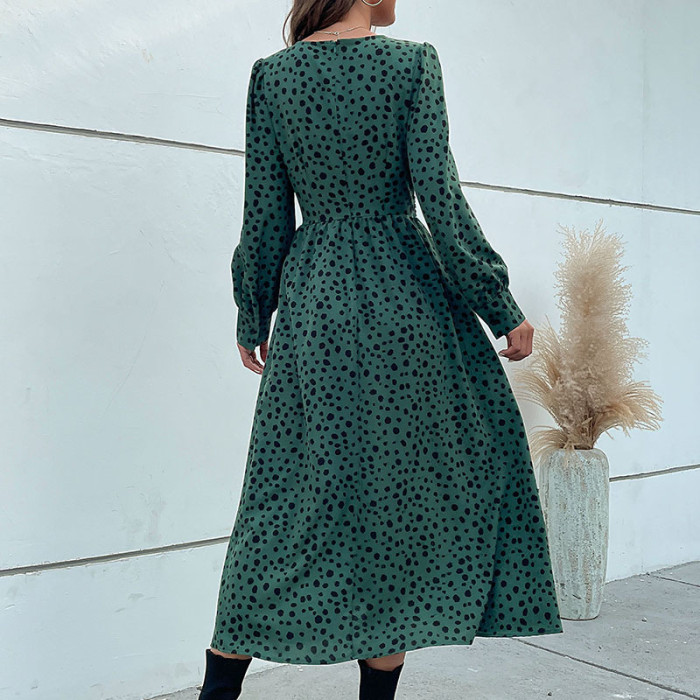 Elegant V-neck Long Sleeve Leopard Print Maxi Dress