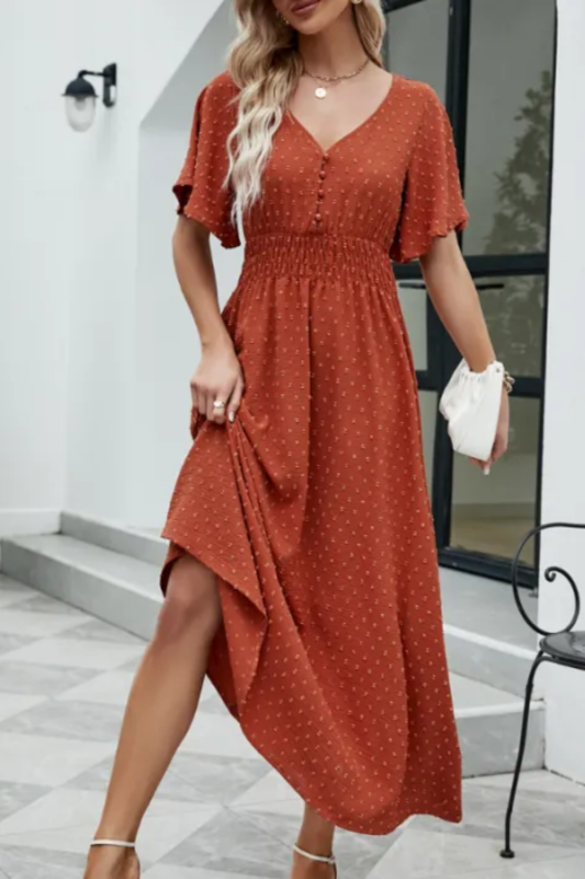 Elegant V-Neck Short Flare Sleeves Elastic High Waist Maxi Dress