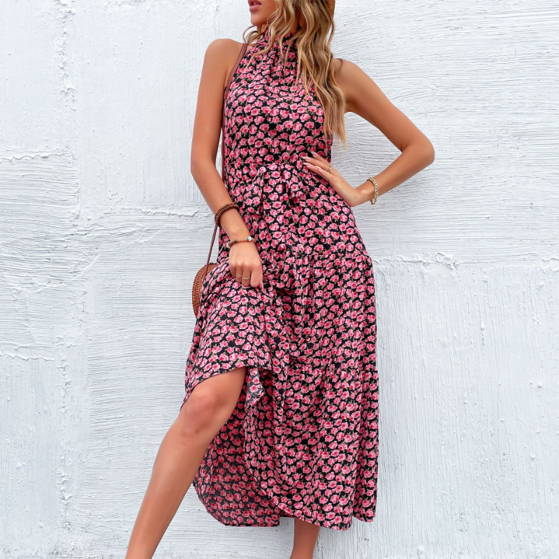 Elegant Floral Print Slim O Neck Sleeveless Halter Dress