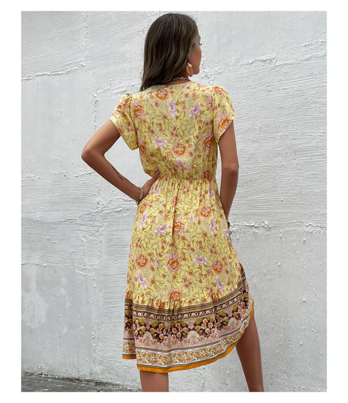 Elegant Printed V Neck Bohemian A-Line Midi Dress