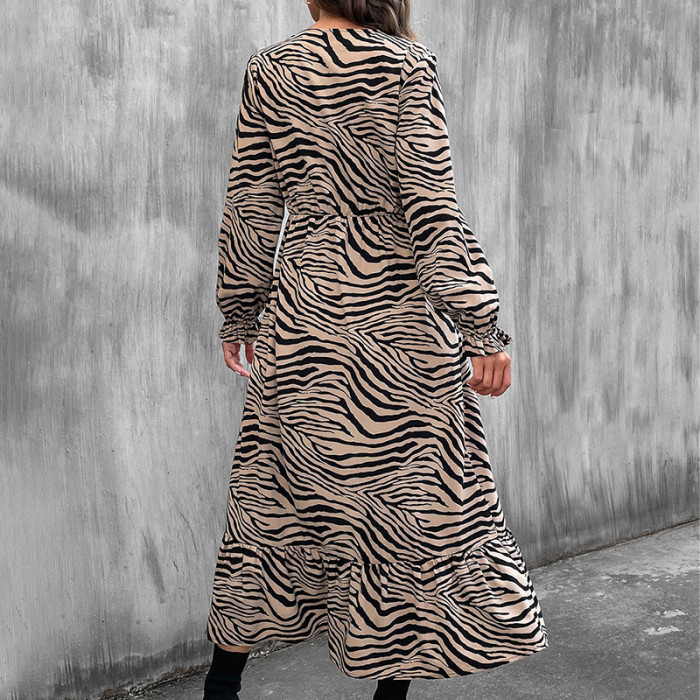 V-neck Single Breasted Puff Sleeve High Waist Leopard Print Dress