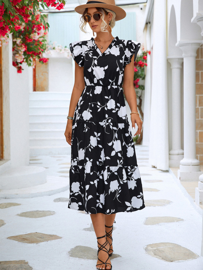 Elegant Fashion Floral Print High Waist V Neck Ruffle Sleeve Hem Midi Dress