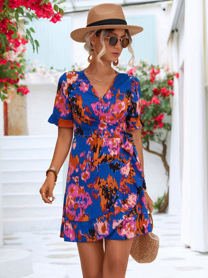 Elegant Flower Print V-neck Ruffle Short Sleeve Mini Dress