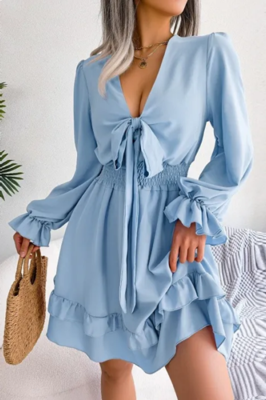 Elegant Long Sleeve V-neck Elastic Waist A-line Dress