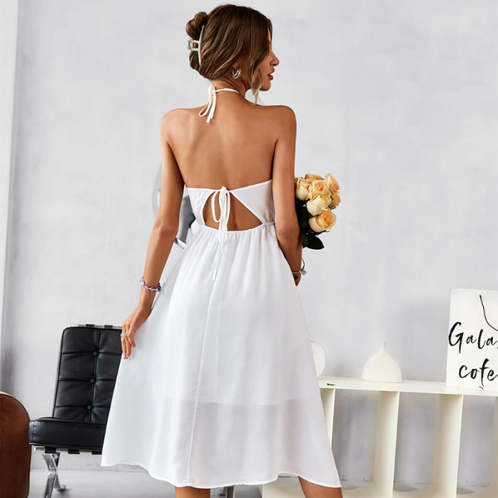 Sexy Backless Sling Pure White Party A-line Strap Halter Dress
