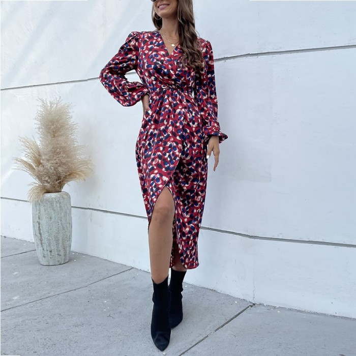 Fashion Print Polka Dot V-Neck lantern sleeve Midi A-Line Dress