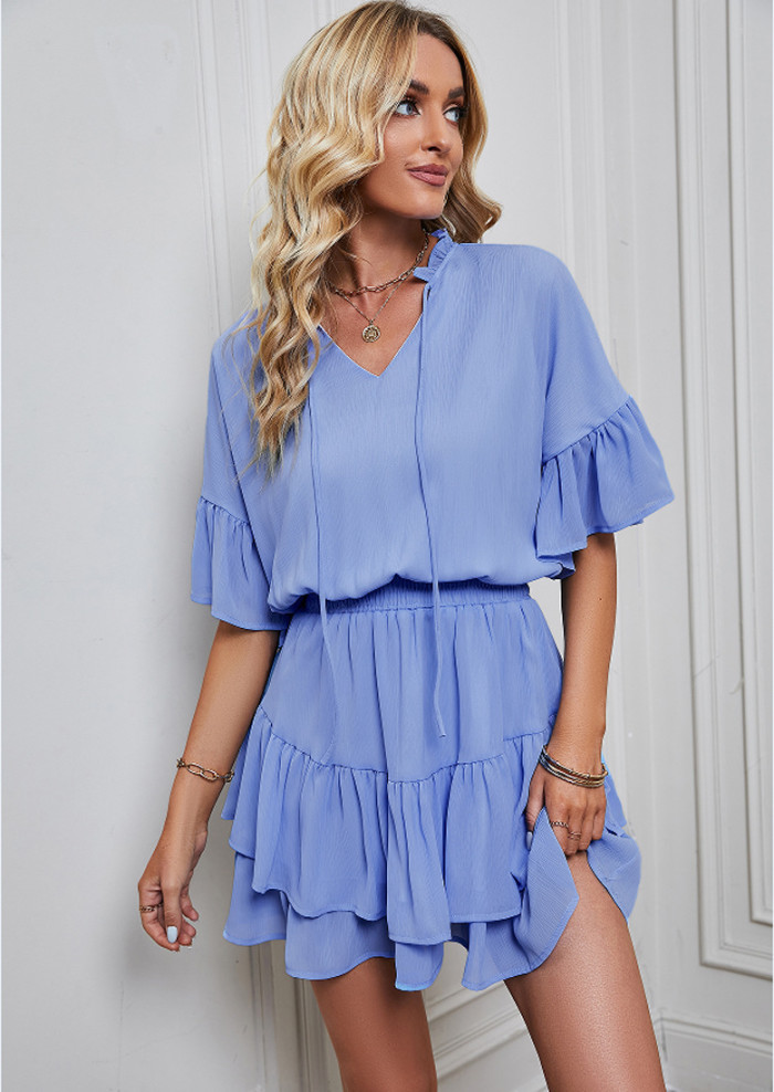 Trendy Ruffled Vintage Solid V-Neck Beach Chiffon A-Line Mini Dress