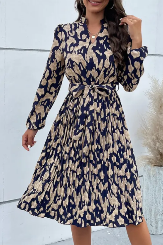 Elegant Leopard Print V-neck Full Sleeve Pleated A-line Midi Dress