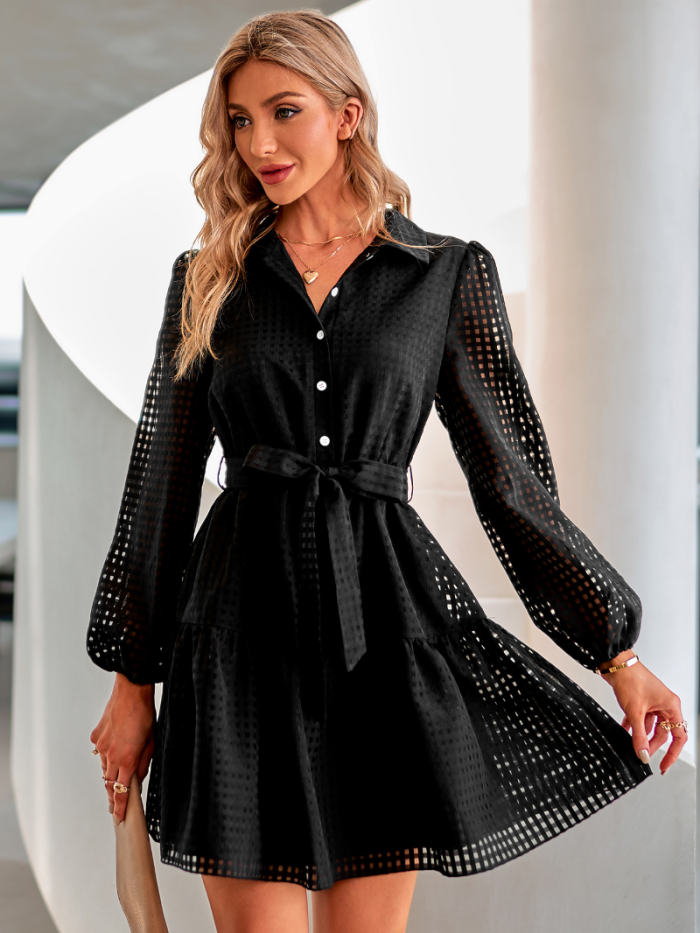 Lapel Single breasted Slim Lace Up Solid Hollow Out Plaid Dress