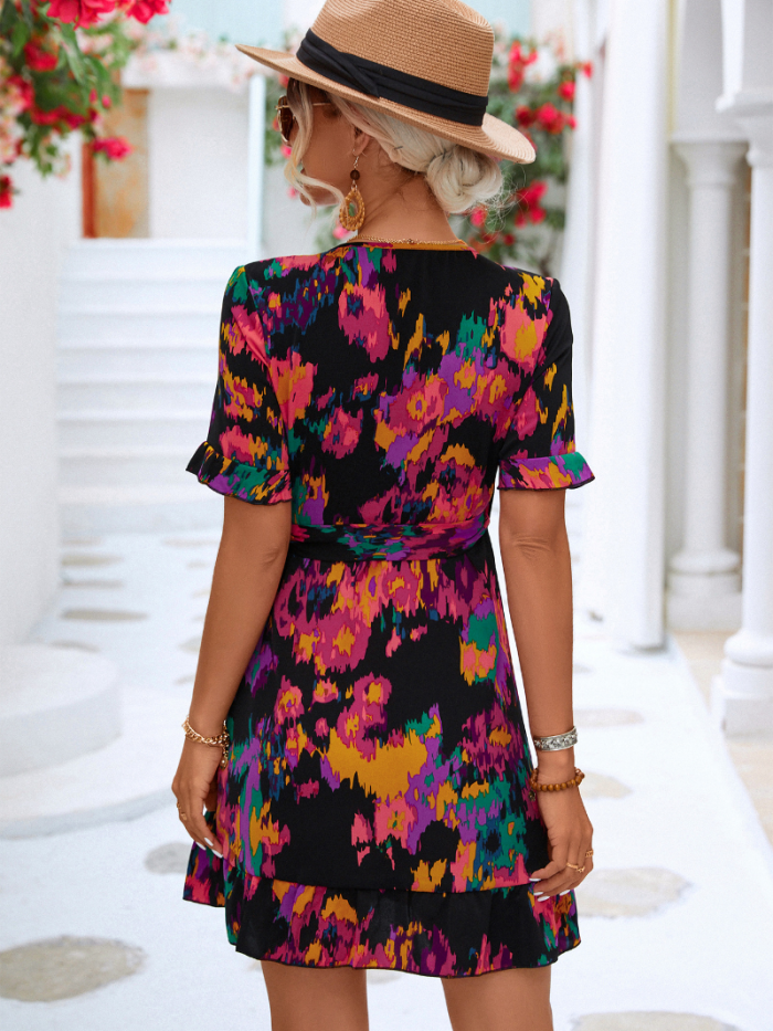 Elegant Flower Print V-neck Ruffle Short Sleeve Mini Dress