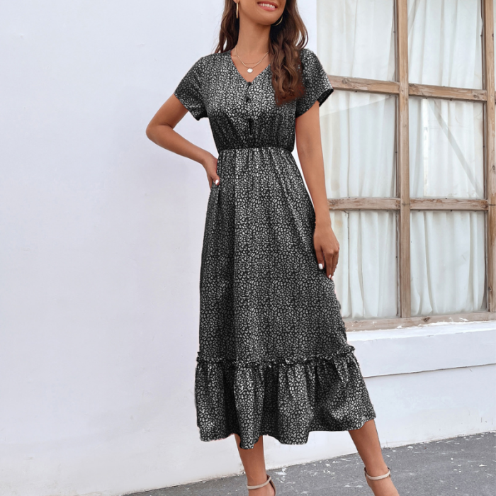 Women's Leopard Print Boho V-Neck Short Sleeve High Waist A-line Maxi Dress