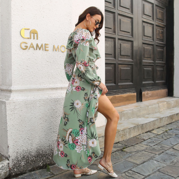 Elegant Floral Prints Ruffle V-Neck Sleeve Skinny Maxi Dress