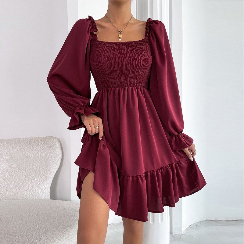 Elegant Women's Square Neck Ruffle High Waist Solid Pleated A-Line  Mini Dress