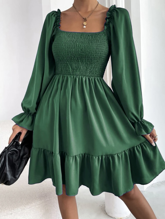 Elegant Women's Square Neck Ruffle High Waist Solid Pleated A-Line  Mini Dress