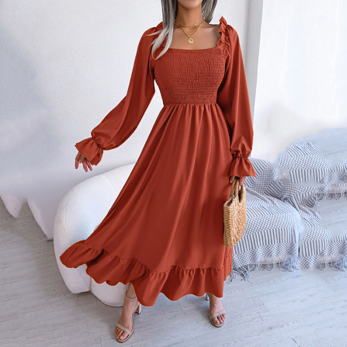 Elegant Folds Full Sleeve Ruffles A-line Maxi Dresses