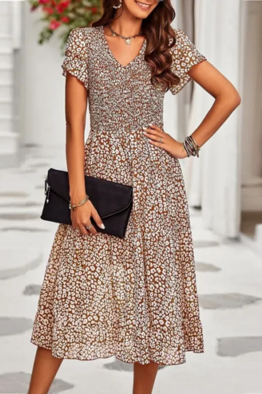 Elegant Leopard Print Skinny V-neck Ruffle Sleeve Midi Dress