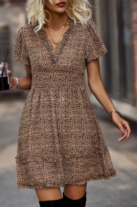 Elegant Leopard Print V-neck Short Sleeve High Waist Mini A-line Dress