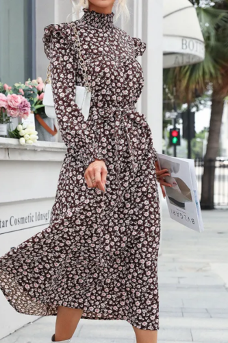 Elegant Floral Print Casual High Neck  High Waist Midi Dress