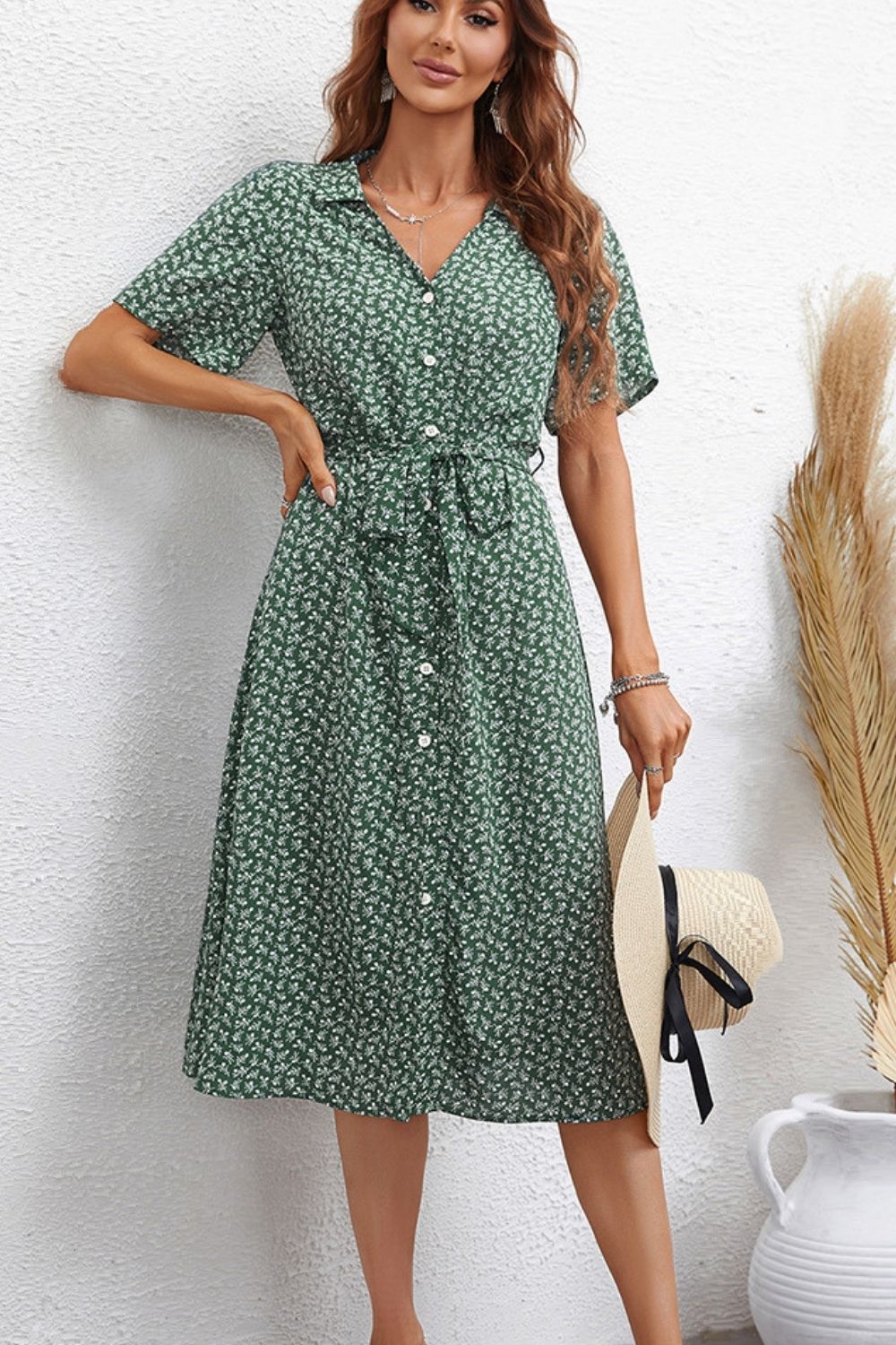 Striped Knit Slit Short Sleeve Midi Dress main image 1