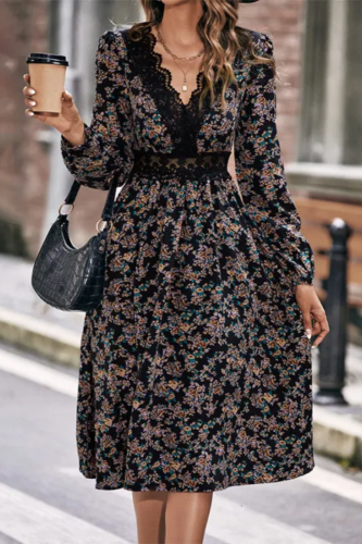 Elegant Floral Print V-Neck Skinny High Waist Midi A-line Dress