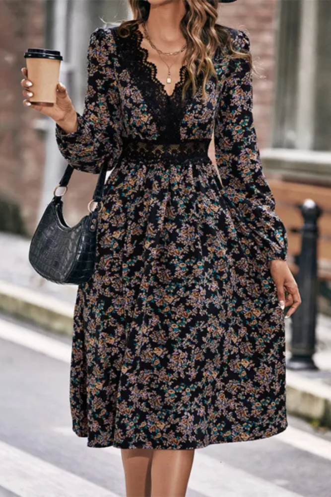 Elegant Floral Print V-Neck Skinny High Waist Midi A-line Dress