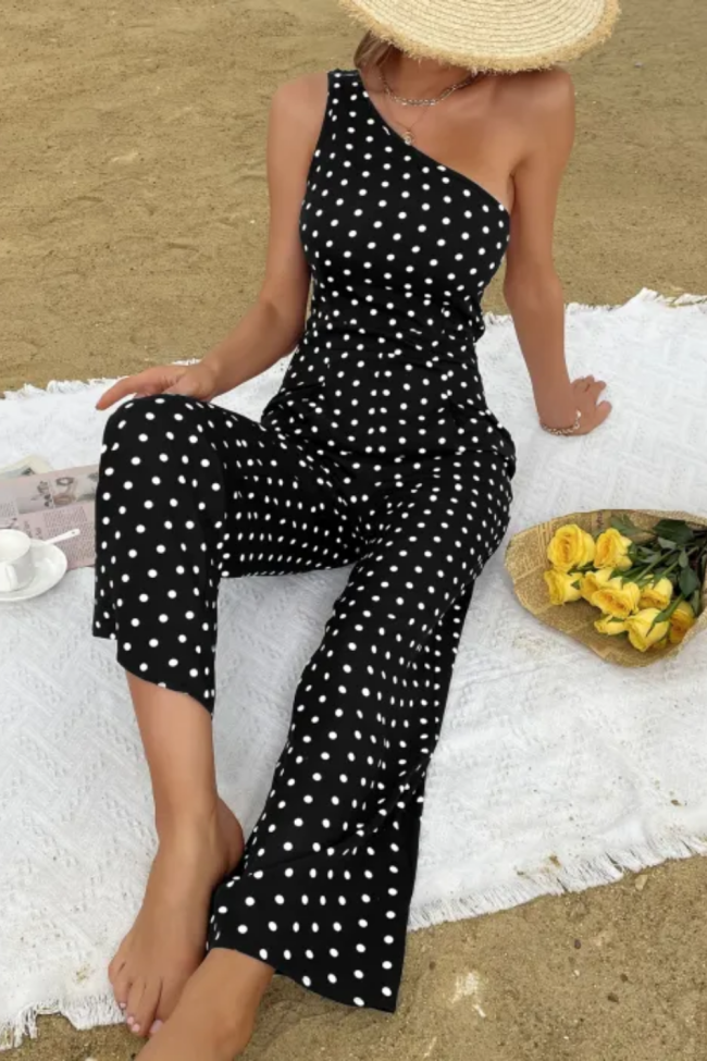 Elegant One Shoulder Diagonal Neck Skinny Rompers Sleeveless Full Wide leg Jumpsuits