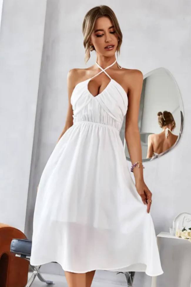 Sexy Backless Sling Pure White Party A-line Strap Halter Dress