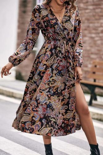 Casual Long Sleeve Sexy Printed Slim Fashion  Midi Dress