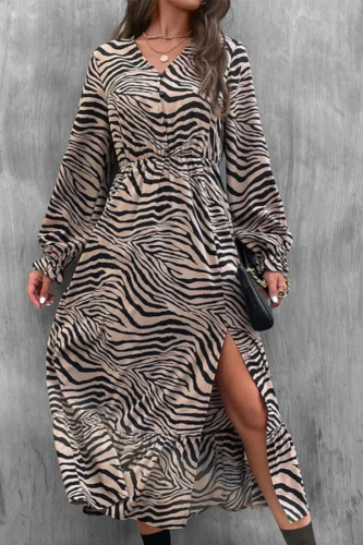 V-neck Single Breasted Puff Sleeve High Waist Leopard Print Dress