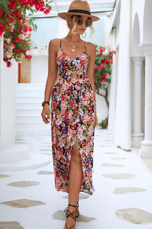 Women's Beach Vintage Print V Neck Backless Bohemian A-Line Maxi Dress