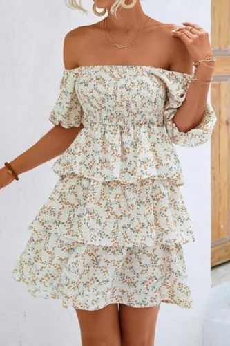 Women's Elegant Floral Square Neck Puff Sleeve Ruffled A-Line Mini Dress