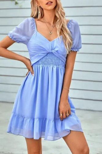 Fashion Lace V Neck Solid Color Short Puff Sleeves High Waist Ruffle Mini Dress