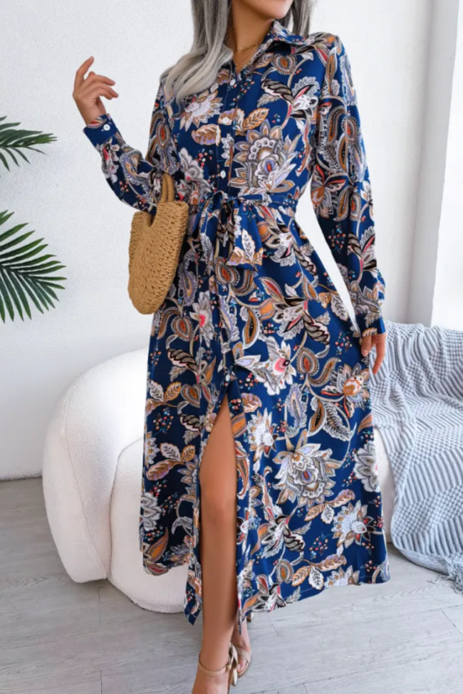 Vantage Flower Print Solid Full Shirt Sleeve A-line Dress