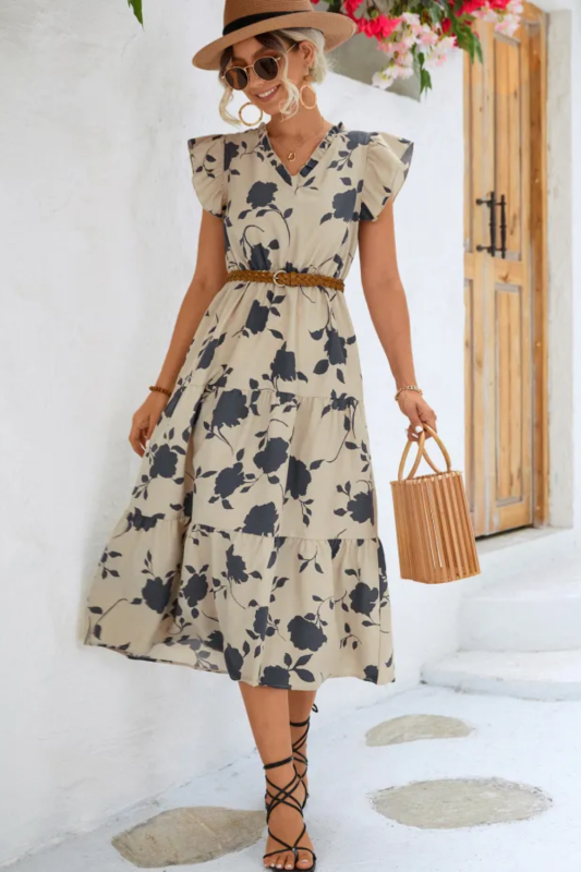 Elegant Fashion Floral Print High Waist V Neck Ruffle Sleeve Hem Midi Dress