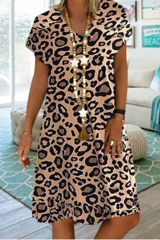 Loose Short Sleeve V-Neck Leopard Print Casual Dress