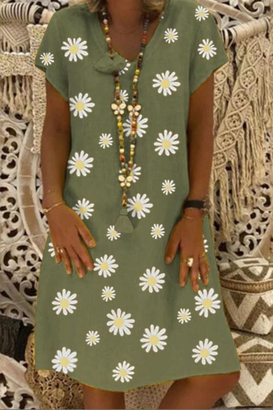 Elegant Bohemian Casual V Neck Short Sleeve Daisy Print Dress