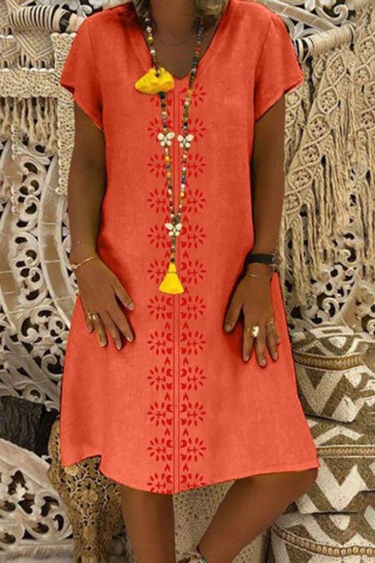 Fashion Bohemian Casual V Neck Short Sleeve 100% Cotton Printed Dress