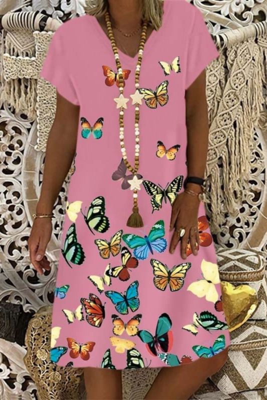 Fashion Loose Elegant V Neck Short Sleeve Butterfly Print Shift Casual Dress