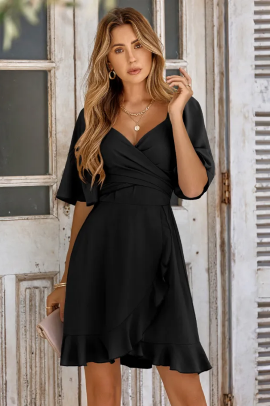 Elegant V-neck Short Flare Sleeve Mini Dress