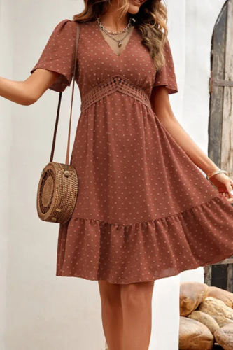 Retro Ruffles V-neck Solid Color Casual Dress