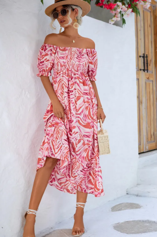 Elegant Stripe Floral Print Slash Neck Puff Sleeve Ruffle A-line Midi Dress