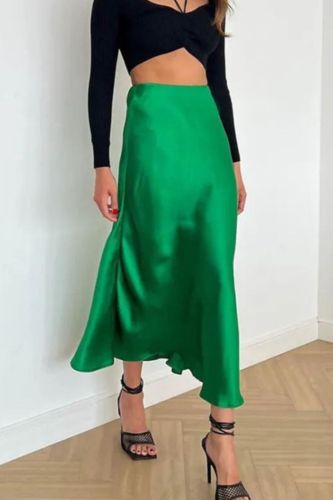 Satin A-Line Silk High Waist Elegant Fashionable Office  Skirts
