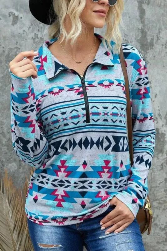 Women's Blue Aztec Ethnic Pullover Long Sleeve Hoodie