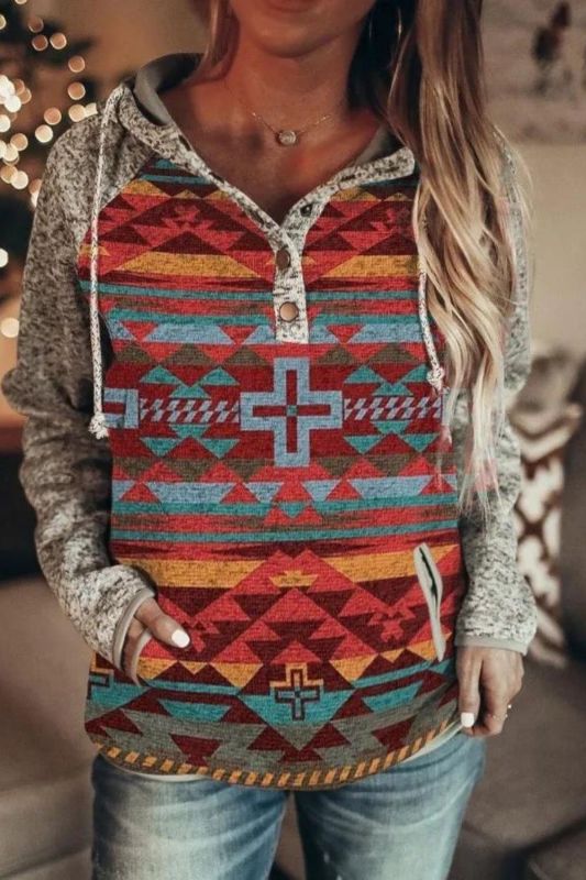 Womens Aztec Native Amercian Cross Geometric Loog Sleeve Hoodie